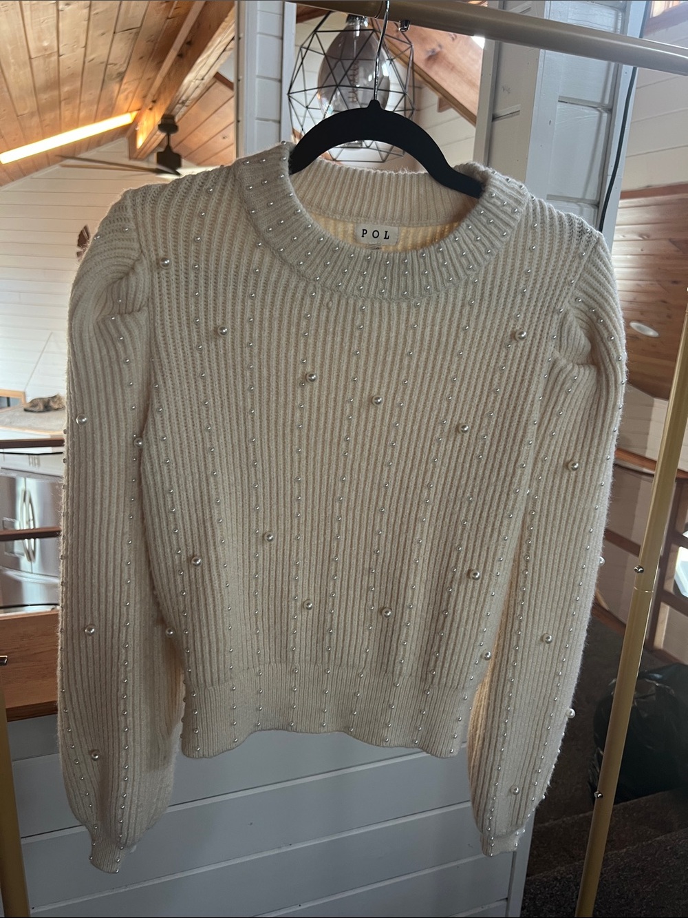 POL Cream Ribbed Crewneck Sweater with Pearl Embellishments